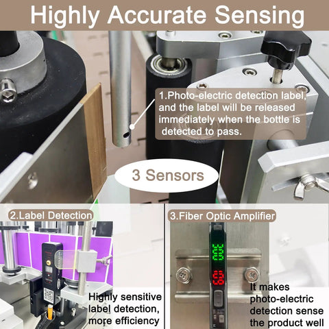 Heavy Duty Desktop Automatic Round Bottle Labeling Machine With Chain Conveyor And Integrated Print Coder For Clear And Gold Foil Labels Works Like A Dream 110V Model showing sensors and detection features.