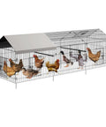 Heavy Duty Metal Chicken Run And Coop System With 86 Inch Or 130 Inch Lengths Portable Outdoor Cage With Four Doors Waterproof And UV Resistant Cover Large Multi Pet Enclosure For Chickens Ducks Rabbits In Backyard Farm, featuring spacious metal construction with waterproof cover and multiple birds inside.
