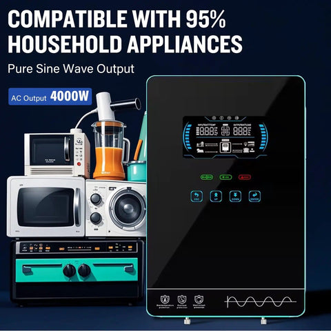 4000W Hybrid Solar Inverter With 24V DC To 120V AC Pure Sine Wave Glass LCD Display shown with kitchen appliances