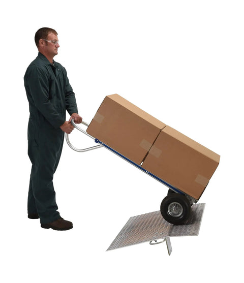 Heavy Duty Aluminum Dock Bridge For Loading Docks And Hand Trucks With Five Hundred Pound Capacity used with hand truck and boxes.