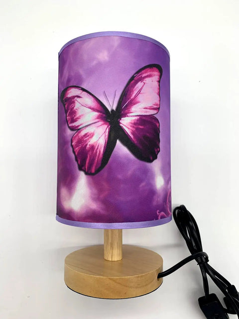 Chic Purple Butterfly Table Lamp With Wooden Base Bedside Light, Cute Dorm Room Decor, Small Size Nightstand Glow, Includes 3W LED Bulb