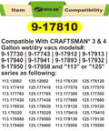 Compatibility chart for Three Pack Replacement Filter Cartridges 17810 for 3 to 4 Gallon Wet Dry Vacuums, includes models 113 or 125.