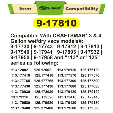 Compatibility chart for Three Pack Replacement Filter Cartridges 17810 for 3 to 4 Gallon Wet Dry Vacuums, includes models 113 or 125.