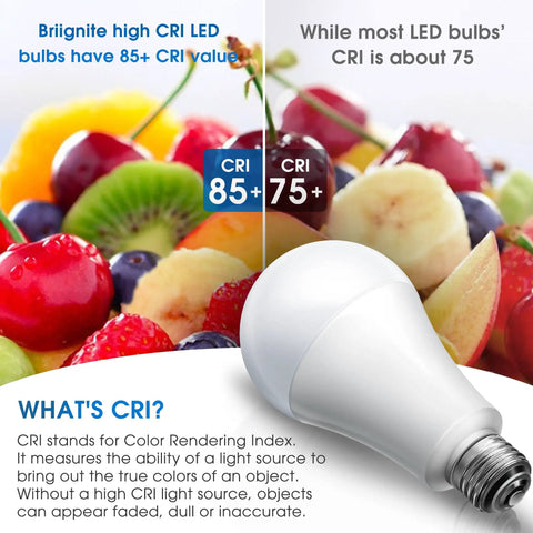 Three Way LED Bulbs 50 100 150W Equivalents, Daylight White 5000K, A21 Size, showcasing high CRI value with fruits background