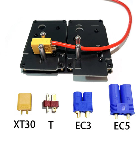 RC Soldering Station Jig For XT90 XT60 XT30 EC5 EC3 Deans T Plug Connectors And Silicone Wire, showing XT30, T, EC3, EC5 plugs.