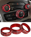 Red Aluminum Alloy Climate Control Knob Covers Three Piece Button Switch Cover Set for Dodge Challenger Durango 2015 2022 installed.
