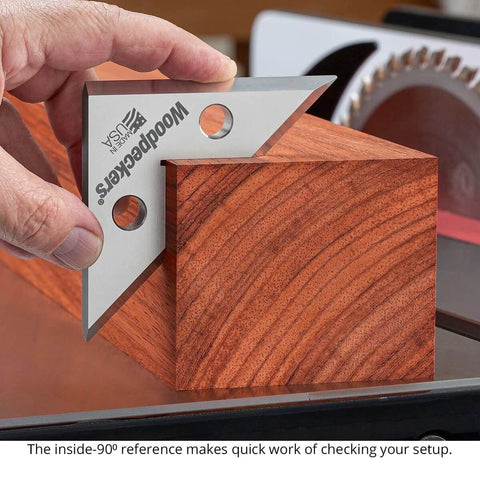 Woodpeckers machinist square, 3-1/2 inch stainless steel, front view against a wooden block