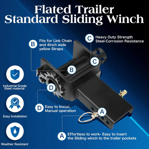 Heavy Duty Flatbed Stake Pocket Winch Set 4 Pack, 16200 Lb Capacity With 5400 Lb Load Limit, Rugged Corrosion Resistant Steel, Black Powder Coat, Built For Secure No Fuss Tie Downs On Flatbed Trucks. Flatbed trailer sliding winch with steel body