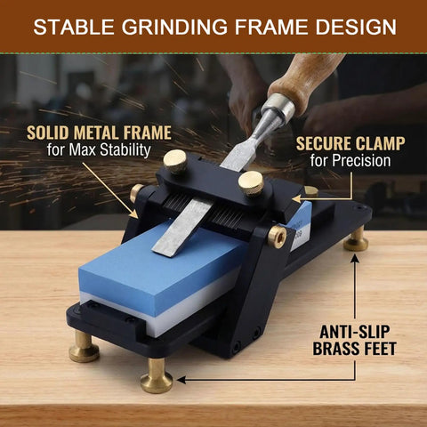 Heavy Duty Chisel Sharpening Jig Locking Fixed Angles For Razor Sharp Edges Dead On Target Every Time with metal base and angle clamp.