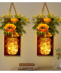 Set Of Two Sunflower Mason Jar Wall Sconces With Remote Control, Farmhouse Wall Decor For Kitchen Dining Living Room, Warm LED Lights