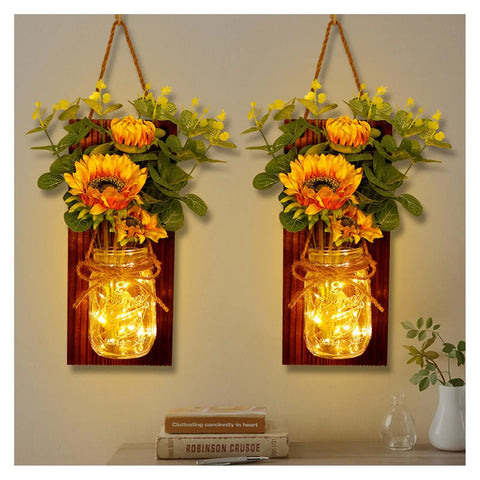 Set Of Two Sunflower Mason Jar Wall Sconces With Remote Control, Farmhouse Wall Decor For Kitchen Dining Living Room, Warm LED Lights