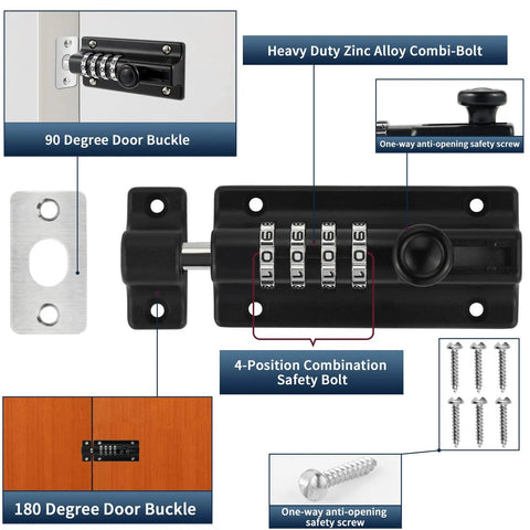 Two Pack Thickened Zinc Alloy Combination Barrel Bolt With Password Setting, shown with 4-wheel digital code and installation details.