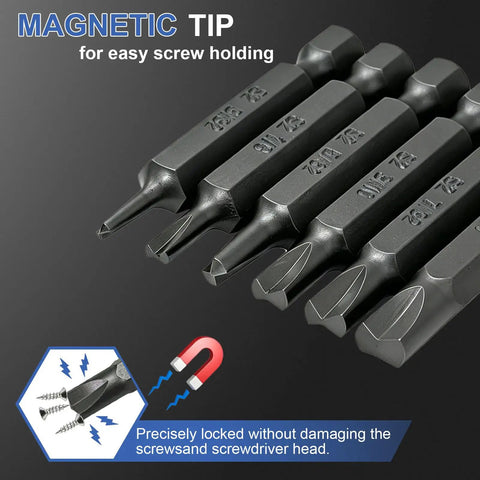 Top Shelf Heavy Duty Six Piece Type G Clutch Bits Set Featuring 1/4 Inch Hex Shank S2 Steel Magnetic Driver Bits, showcasing magnetic tips.