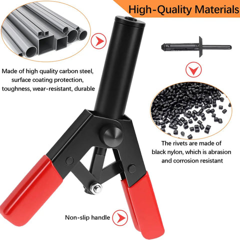 Pro Grade Hand Riveter Kit With 156 Pcs Plastic Rivet Gun Set showing red-handled rivet tool, nylon rivets, and metal details