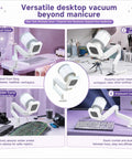 Professional Nail Dust Collector With Universal Table Mount And Tilt Adjustable Arm, featured in use for different tasks.