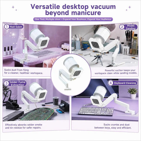Professional Nail Dust Collector With Universal Table Mount And Tilt Adjustable Arm, featured in use for different tasks.
