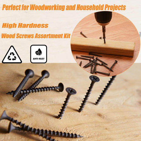 All Purpose Wood And Drywall Screws Kit 1000 Piece Assortment With 13 Sizes From Two And Three Quarters Inch Down To Five Eighths Inch Phillips Flat Head Fasteners For Wood Drywall And DIY Projects Bulk Pack For Home DIY And Repairs with screws on wood surface and demonstration of screw drilling into wood.