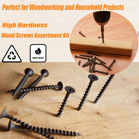 Wood And Drywall Screw Kit With 205 Piece Phillips Assortment In 6 Sizes For Easy DIY Projects 2 In 1-1/2 In 1-1/4 In 1 In 3/4 In 5/8 In Ideal For Wood And Drywall, black phosphate screws in wood