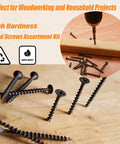 170 Piece Wood And Drywall Screw Set With 6 Sizes Flat Head Self Tapping Black Screws for DIY and heavy duty use on display