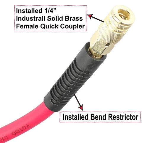 3/8 Inch By 50 Feet Air Hose With 300 PSI Heavy Duty Built To Last Lightweight Kink Resistant All Weather Flex, 1/4 Inch Industrial Fittings And Bend Restrictors, Red showing quick coupler and bend restrictor.