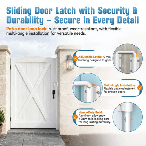 Updated Aluminum Alloy Patio Sliding Door Loop Lock For 90 And 180 Degree U Track Latch installed on white fence gate