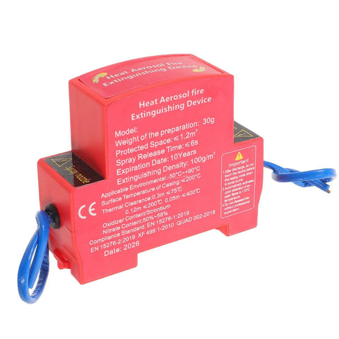 Straight Up Automatic Vehicle Fire Extinguisher For Trucks And Sedan Rides Thirty Gram Ultra Aerosol Suppression System viewed from the side with specifications.