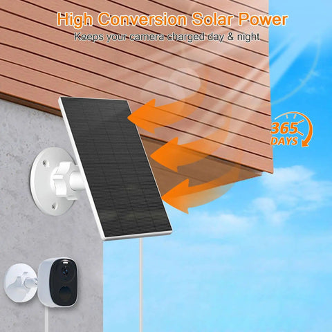 2W Solar Panel For Security Cameras mounted on a wall with security camera, 360 Degree Adjustable Mount, showing daylight conversion