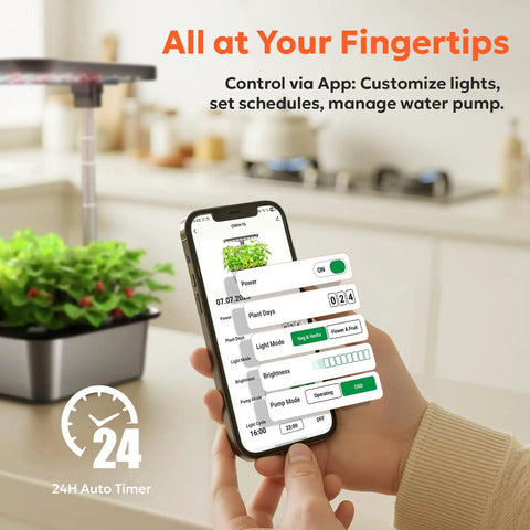 Smart Hydroponics Growing System Kit With 15 Pods, 36W LED Grow Light, App Control featured on mobile app in kitchen.