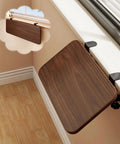Foldable Wooden Window Sill Extender Wall Mounted Drop Leaf Extension Shelf For Compact Apartments, brown wood shelf hanging on wall.