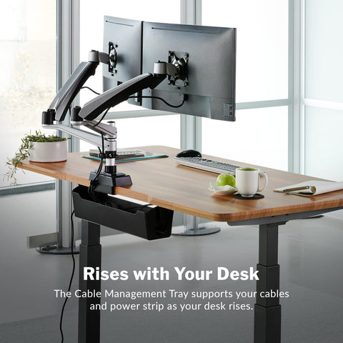 Under Desk Cable Management Tray For Sit Stand Desks, Keeps Cords Tidy And Out Of The Way, installed on electric standing desk