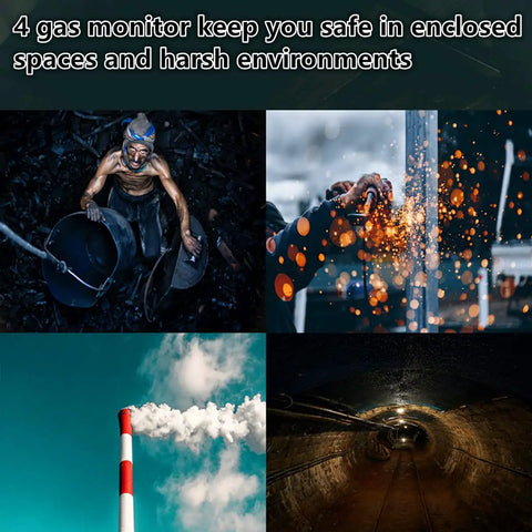 Collage showing applications of a 4 Gas Portable Monitor With Rechargeable Battery And LCD Display Detects H2S O2 CO And LEL Four Gas Detector With 120dB Alarm Voice Alert Vibration And LED Light For Real World Job Site Safety in mining, welding, industrial and underground settings.