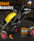 Heavy Duty Strapping Cart And Dispenser For Polypropylene Coils With Integrated Tool And Seal Tray Fits 8x8 To 10x10 Inches mobile cart with yellow strap and 9-inch wheels.