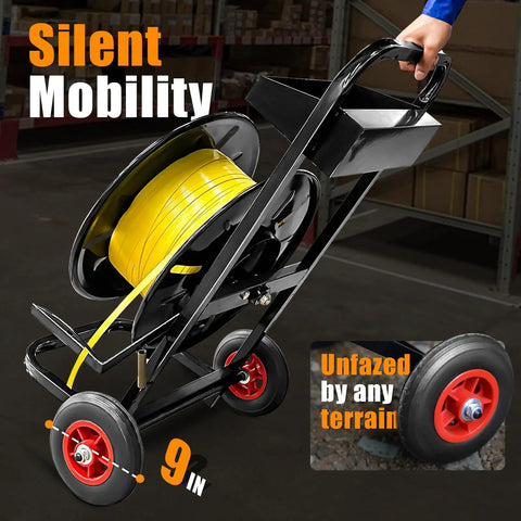 Heavy Duty Strapping Cart And Dispenser For Polypropylene Coils With Integrated Tool And Seal Tray Fits 8x8 To 10x10 Inches mobile cart with yellow strap and 9-inch wheels.
