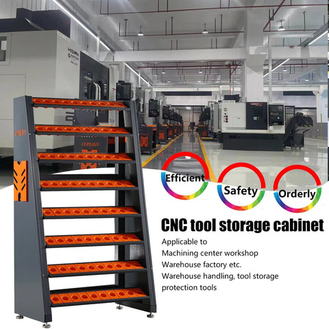 8 Row Large Capacity CNC Tool Holder Rack And Storage Cabinet in a workshop with machines in background