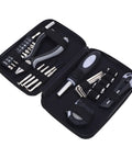 Open view of Must Have Home Repair Starter Tool Kit with ten bit set, four screwdrivers, tape measure, pliers, hex wrenches in case.