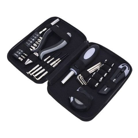 Open view of Must Have Home Repair Starter Tool Kit with ten bit set, four screwdrivers, tape measure, pliers, hex wrenches in case.