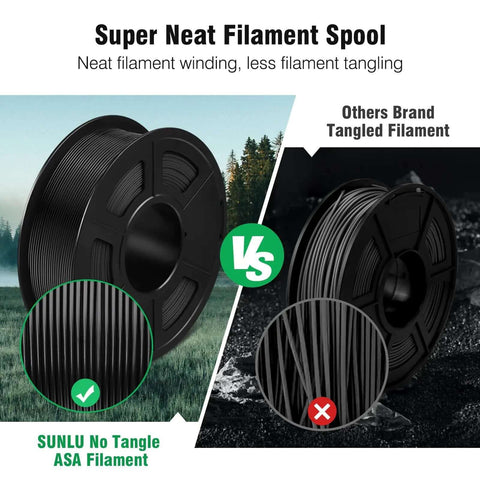 Comparison between ASA 3D Printer Filament 1.75mm Black 1kg Spool UV Rain And Heat Resistant and a tangled filament spool.