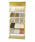 Five Tier Swatch Sample Storage Rack In Gold, Heavy Duty Metal Frame With Dense Wire Mesh, Stable Build For Ceramics, Glass, Building Materials, Space Saving Display Stand For Pro Grade Showcases, 67x35x150 cm