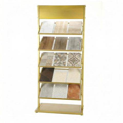 Five Tier Swatch Sample Storage Rack In Gold, Heavy Duty Metal Frame With Dense Wire Mesh, Stable Build For Ceramics, Glass, Building Materials, Space Saving Display Stand For Pro Grade Showcases, 67x35x150 cm