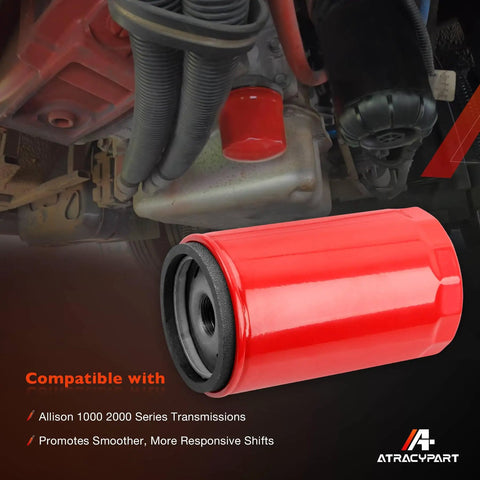 High Efficiency Transmission Filter For 1000 2000 Transmission, Fits Chevy Silverado And GMC Sierra 2500 HD 3500 HD, 15 Micron Filtration, Replaces 29539579 128059150, 2 Pack, Beefed Up Protection For Your Transmission And Smoother Shifts. Red spin-on transmission filter shown under a truck for Allison 1000/2000 series.