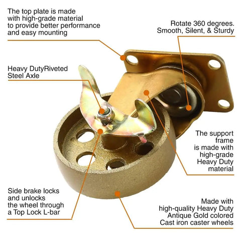Premium 4 Inch Swivel Caster Set Of 4 With Side Brake And Vintage Copper Antique Gold Finish On Righteous Cast Iron Wheels, detailed view.