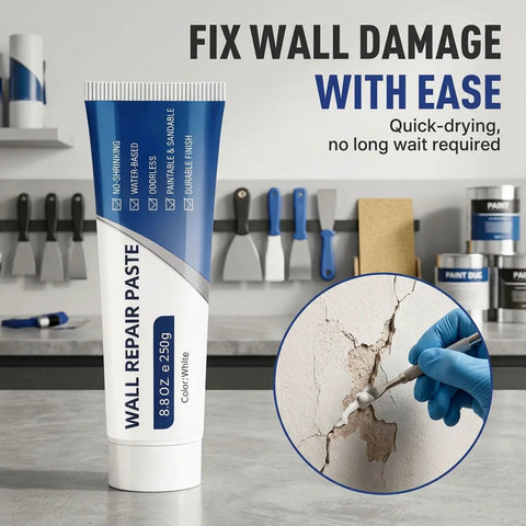 Wall Repair Paste Kit With Scraper And Nozzle Extender, Two 250g Tubes Quick Dry Mending Paste For Holes And Cracks displayed in workshop