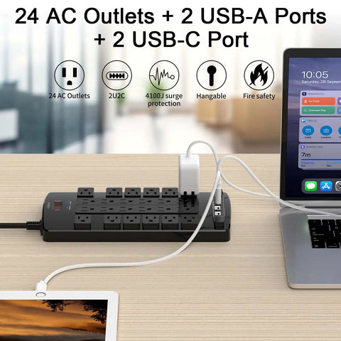 Surge Protector Power Strip With 24 Outlets And 4 USB Ports Including 2 USB C 4100J Surge Protection 6 Foot Flat Plug Heavy Duty Extension Cord ETL Listed For Home Office Dorm Room Black on desk