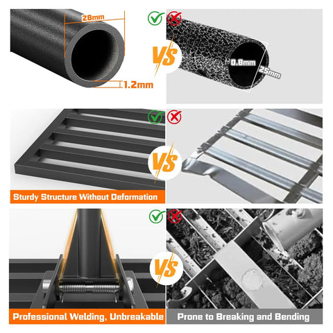 Comparison of Heavy Duty Stainless Steel Lawn Leveling Rake With 78 Inch Adjustable Handle and alternatives, highlighting material strength and durability.