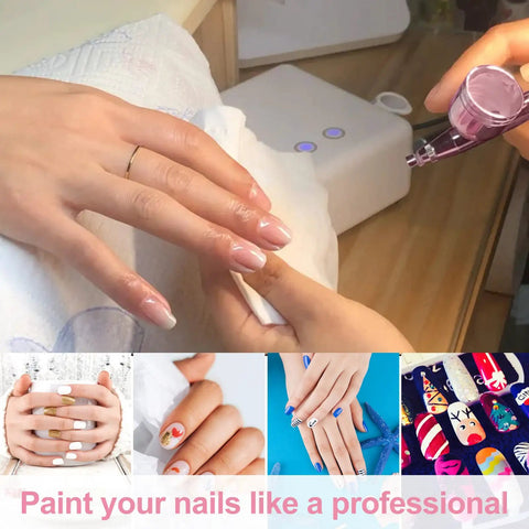 Rechargeable Cordless Airbrush Kit applying nail art detail, showcasing manicure process with pink portable air brush gun