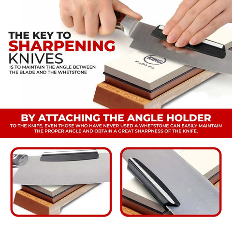 Whetstone Starter Set With 1000 6000 Grit For Ultra Sharp Knives Made In Japan Knife with angle holder on whetstone base.