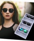 Solid Six Grid Sunglasses Storage Plate And Jewelry Display Box For Women Totally Fresh Fashion Organizer With Scratch Proof Surface, showcasing sunglasses in grey tray.