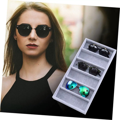 Solid Six Grid Sunglasses Storage Plate And Jewelry Display Box For Women Totally Fresh Fashion Organizer With Scratch Proof Surface, showcasing sunglasses in grey tray.