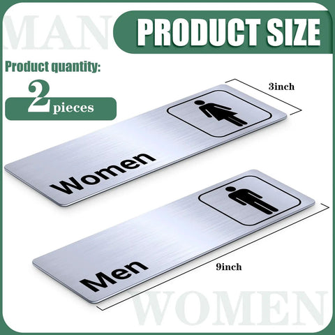 Two Pack Aluminum Restroom Signs For Men And Women Self Adhesive Metal Bathroom Door Wall Signage For Offices Restaurants Public Places 9 By 3 Inches Silvery Finish Easy Mount