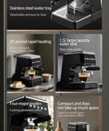 Compact Semi Automatic Espresso Coffee Maker With Built In Steam Wand For Lattes And Cappuccinos showing stainless steel water tray and 1.5L tank.